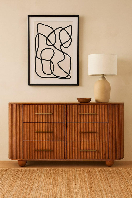 Ridgefront Amber Oak Mango Wood Chest – 53.1" Ribbed 6-Drawer Dresser