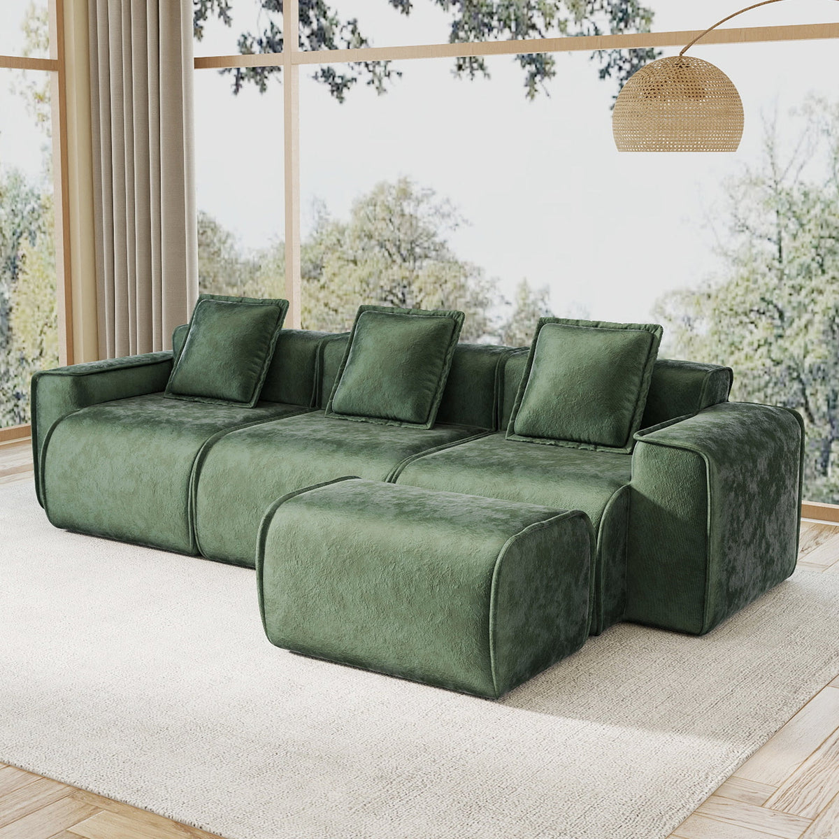 Brisa Velvet Modular Sectional in Green, 3-Seat L-Shape