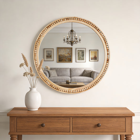 30×30 Inch Round Wall Mirror with Beaded Solid Wood Frame