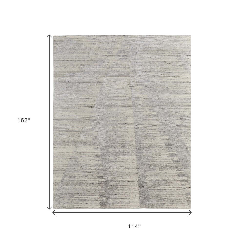 9' X 13' Ivory And Gray Abstract Hand Knotted Distressed Area Rug showing the unique design and dimensions.