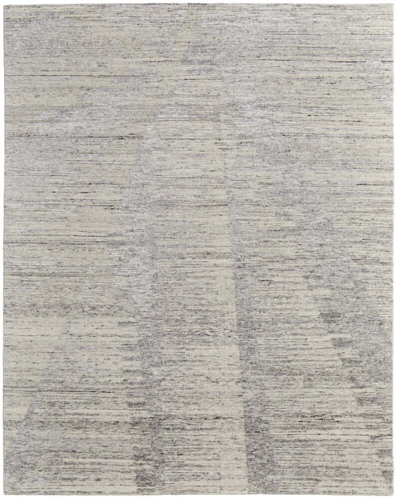 9' X 13' Ivory And Gray Abstract Hand Knotted Distressed Area Rug showcasing its unique design and premium texture.