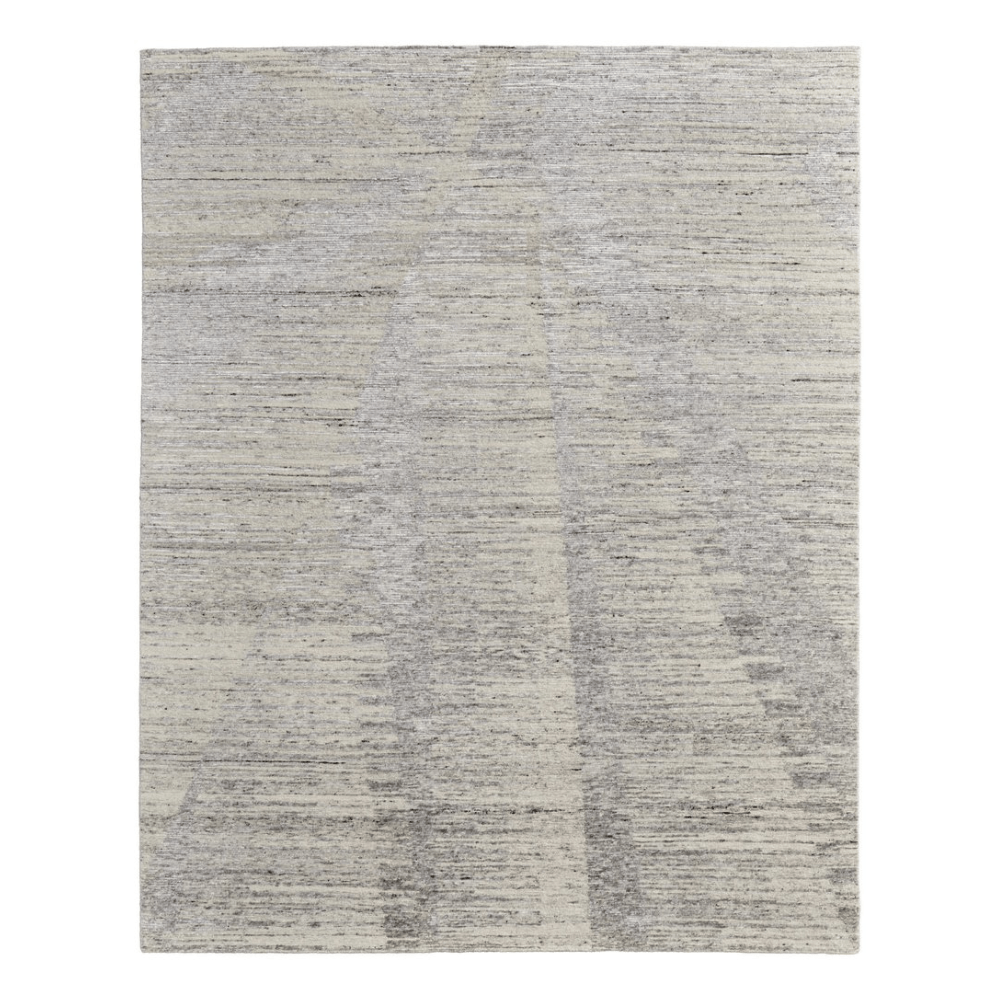 9' X 13' Ivory And Gray Abstract Hand Knotted Distressed Area Rug showcasing a unique hand knotted design.