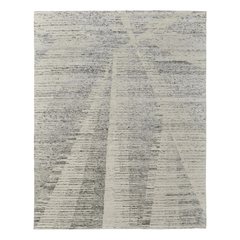 9' X 13' Ivory and Gray Abstract Hand Knotted Worn Faded Area Rug with unique design and texture.