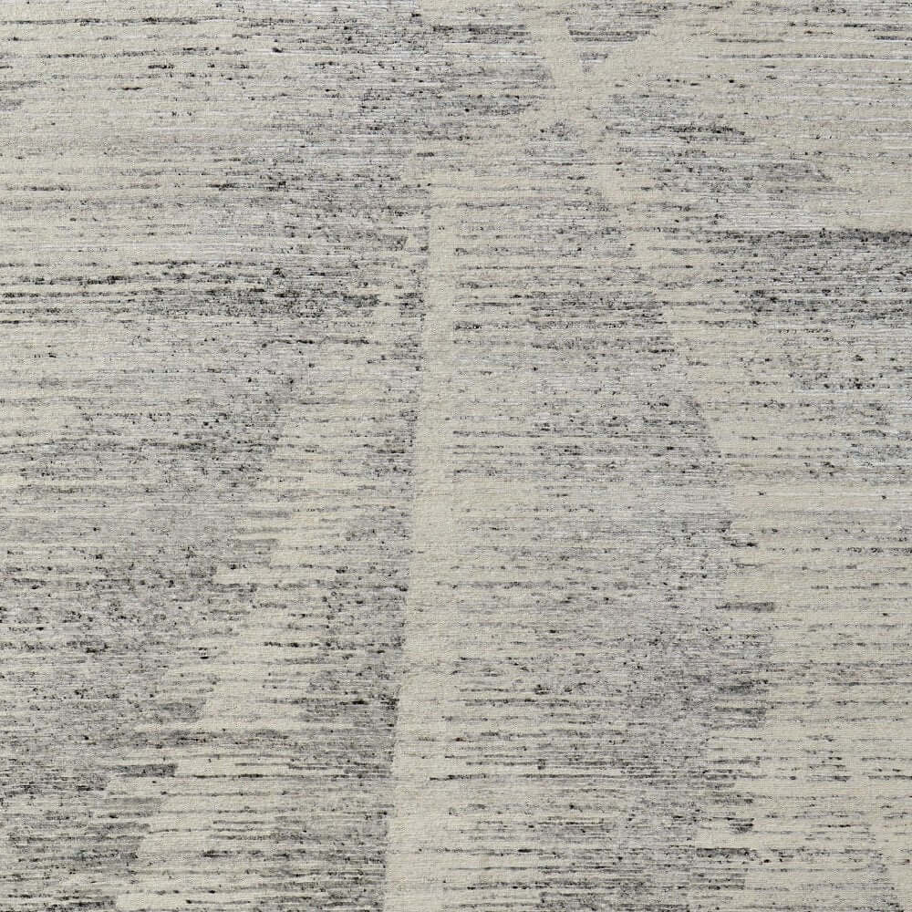 9' X 13' Ivory and Gray Abstract Hand Knotted Worn Faded Area Rug with a subtle ivory and gray abstract pattern.
