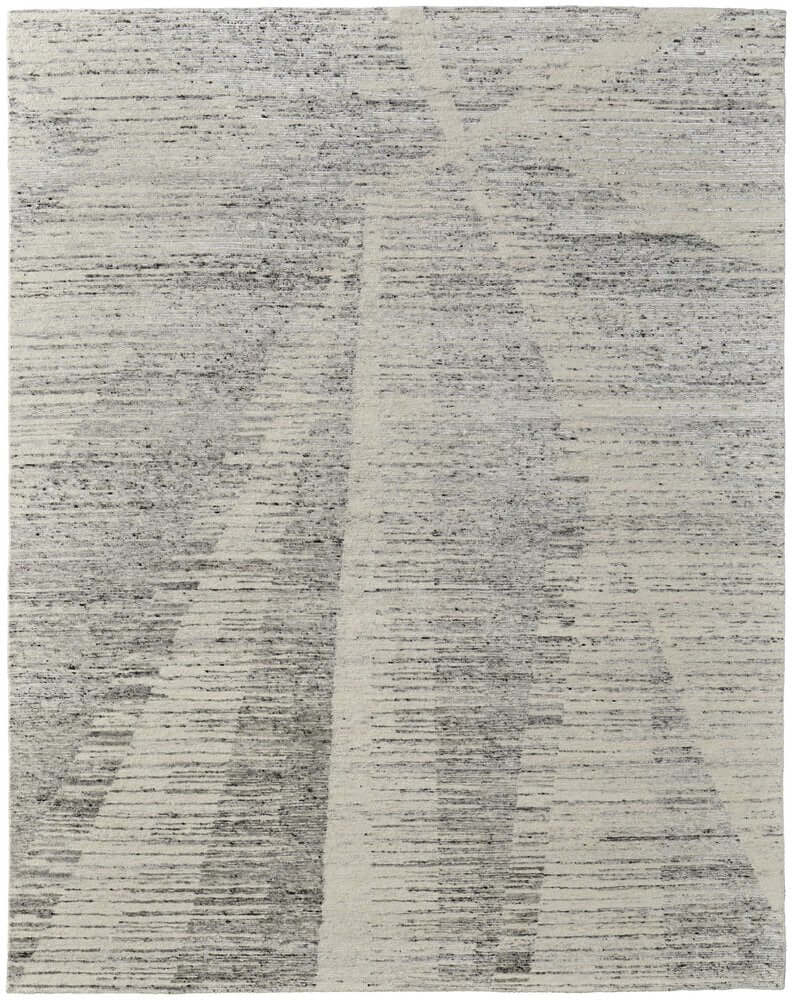 9' X 13' Ivory and Gray Abstract Hand Knotted Worn Faded Area Rug on display, showcasing its unique design and texture.