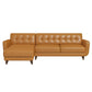 The Ashcroft Furniture Allison MCM Leather Chaise Sofa Sectional 113 features genuine leather, tufted cushions, a left-facing chaise lounge, and angled wooden legs, displayed against a white background.