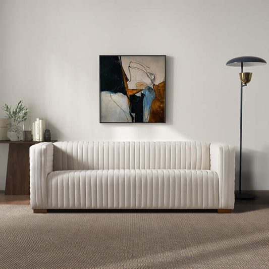 Elara Channel Tufted Velvet Sofa 90" – Modern Mid-Century Velvet Couch (3 Colors) in a stylish living room setting.