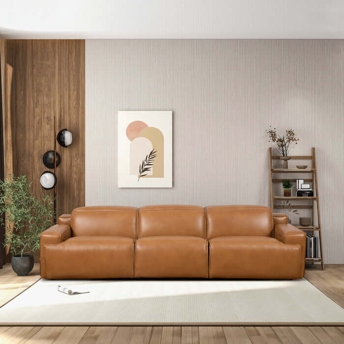 Modern Convertible Top-Grain Leather Sofa 120” – Urbana Power Reclining Leather Couch in Waxy Tan in a stylish living room.