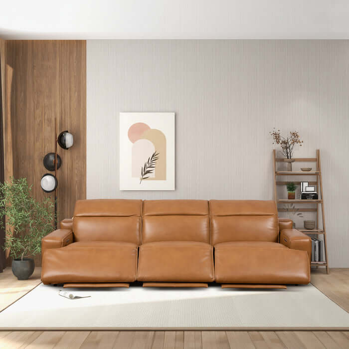 Modern Convertible Top-Grain Leather Sofa 120” – Urbana Power Reclining Leather Couch in Waxy Tan in a stylish living room.