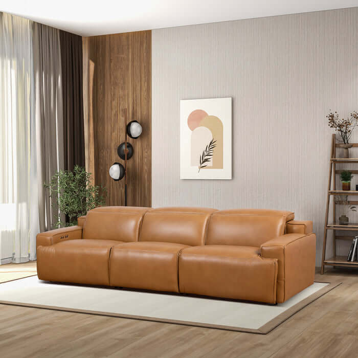 Modern Convertible Top-Grain Leather Sofa 120” – Urbana Power Reclining Leather Couch in Waxy Tan in a stylish living room.