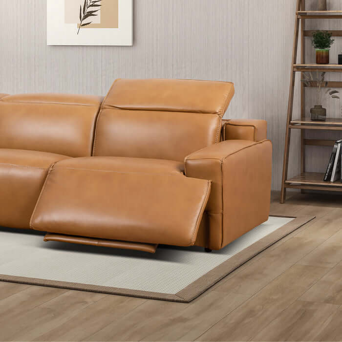 Modern Convertible Top-Grain Leather Sofa 120” – Urbana Power Reclining Leather Couch in Waxy Tan with recliner open.