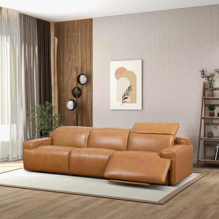 Modern Convertible Top-Grain Leather Sofa 120” – Urbana Power Reclining Leather Couch in Waxy Tan in a stylish living room.
