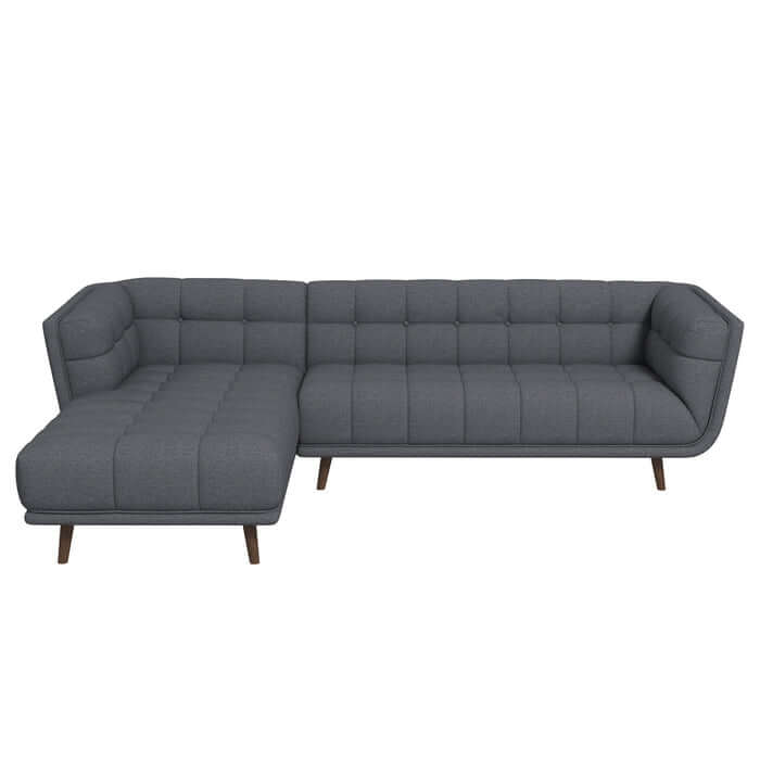 Tufted L-Shape Chaise Sofa Sectional 102.5” – Addison MCM Boucle or Linen Sectional (2 Colors) in gray fabric.