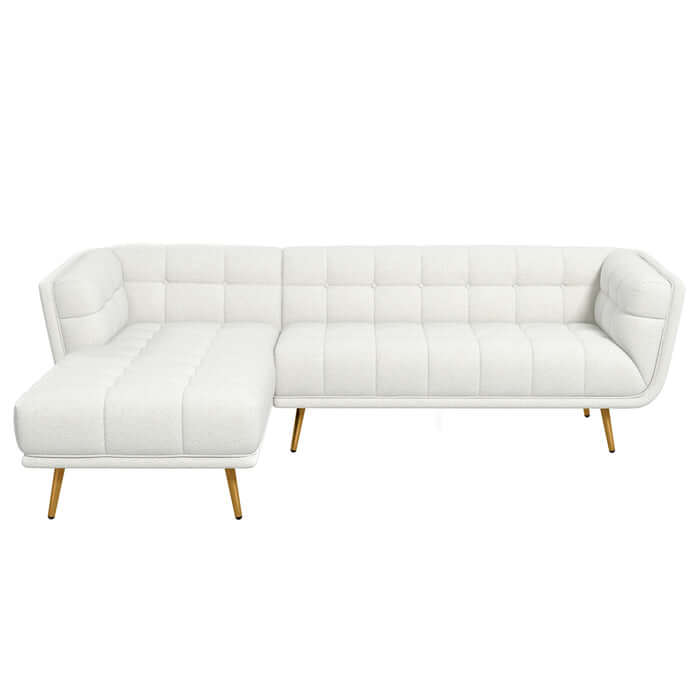 Tufted L-Shape Chaise Sofa Sectional 102.5” – Addison MCM Boucle or Linen Sectional (2 Colors) in white.