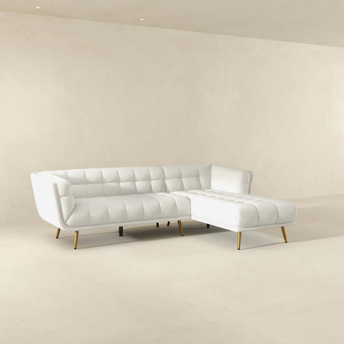 Tufted L-Shape Chaise Sofa Sectional 102.5” – Addison MCM Boucle or Linen Sectional (2 Colors) in white upholstery.