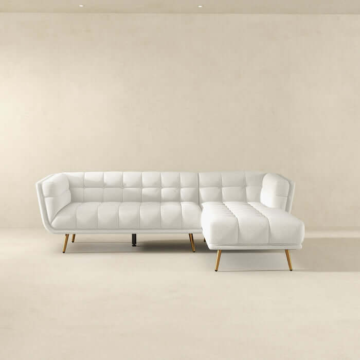 Tufted L-Shape Chaise Sofa Sectional 102.5” – Addison MCM Boucle or Linen Sectional (2 Colors) in white.