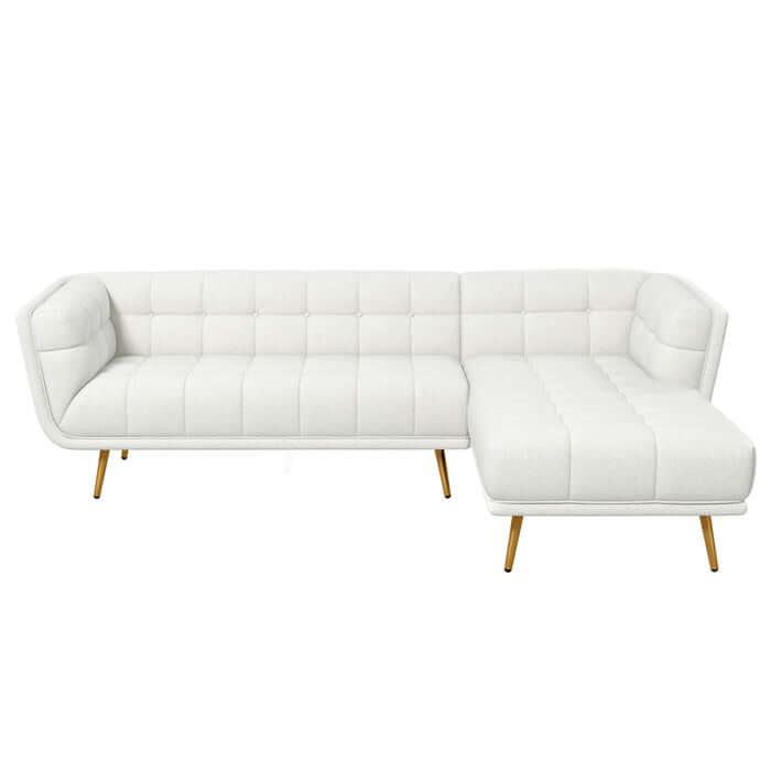 Tufted L-Shape Chaise Sofa Sectional 102.5” – Addison MCM Boucle or Linen Sectional (2 Colors) in white upholstery.