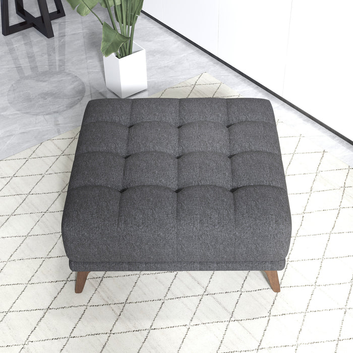Addison MCM Tufted Square Ottoman 33" – Modern Upholstered Ottoman (Multiple Colors & Fabrics) in dark gray upholstery.
