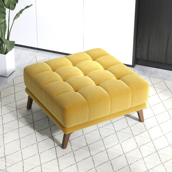 Addison MCM Tufted Square Ottoman 33" – Modern Upholstered Ottoman (Multiple Colors & Fabrics) in yellow.