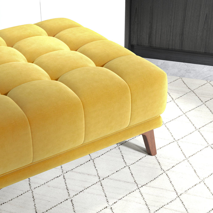 Addison MCM Tufted Square Ottoman 33" – Modern Upholstered Ottoman (Multiple Colors & Fabrics) in yellow plush fabric.