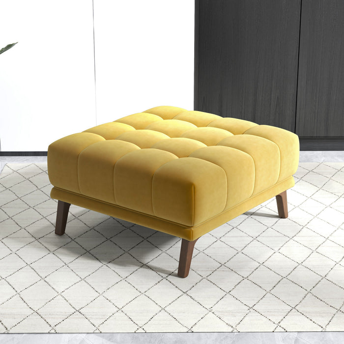 Addison MCM Tufted Square Ottoman 33" – Modern Upholstered Ottoman (Multiple Colors & Fabrics) in yellow.
