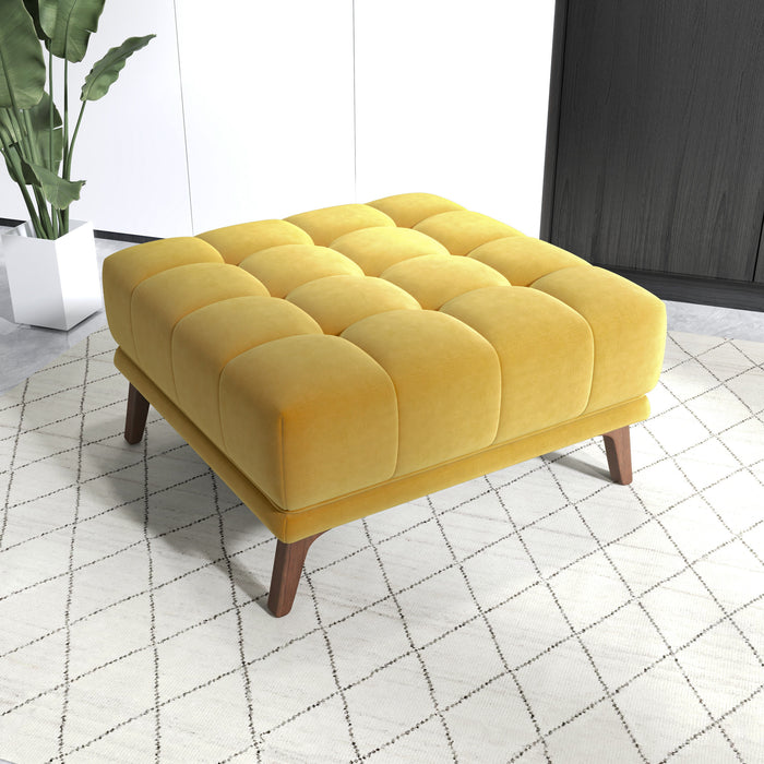 Addison MCM Tufted Square Ottoman 33" – Modern Upholstered Ottoman (Multiple Colors & Fabrics) in yellow fabric.