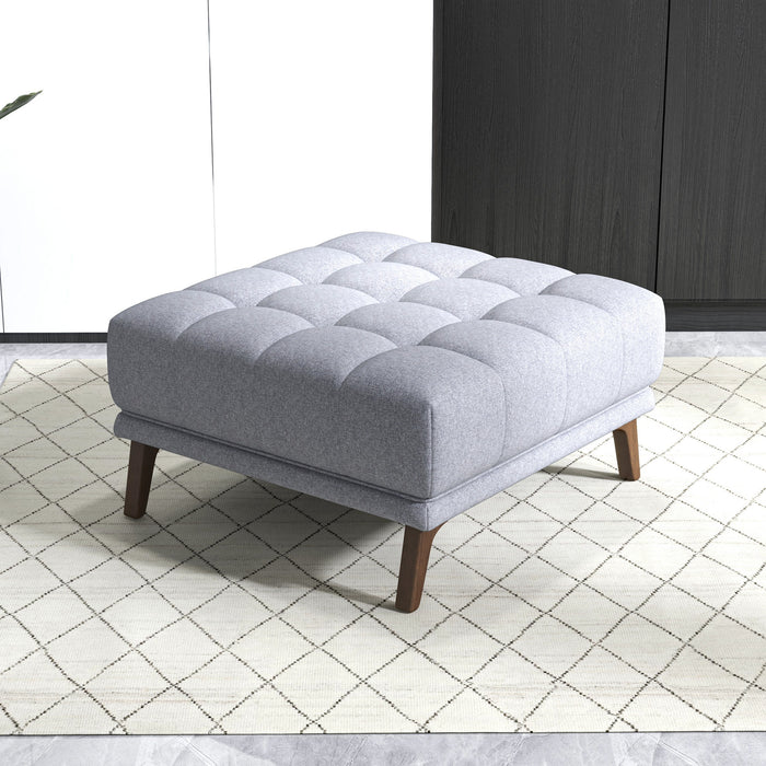 Addison MCM Tufted Square Ottoman 33" – Modern Upholstered Ottoman (Multiple Colors & Fabrics) in gray fabric.