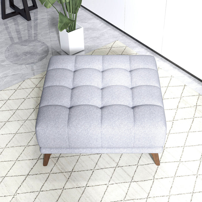 Addison MCM Tufted Square Ottoman 33" – Modern Upholstered Ottoman (Multiple Colors & Fabrics) on a patterned rug.