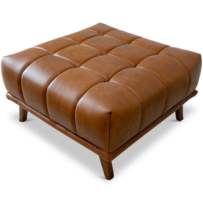 Addison MCM Tufted Square Ottoman 33" – Modern Upholstered Ottoman (Multiple Colors & Fabrics) in brown leather.