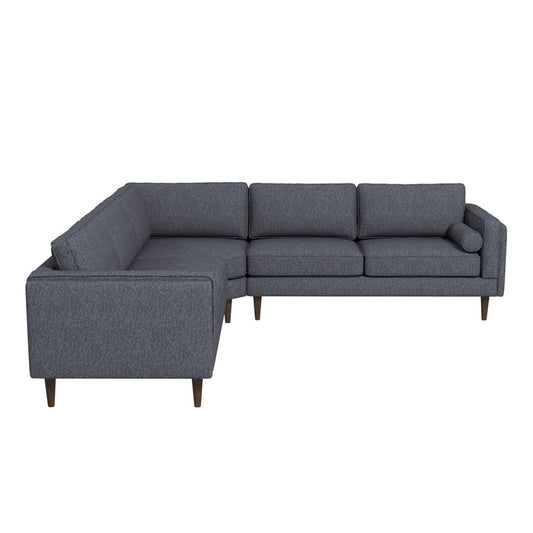 The Ashcroft Furniture Amber MCM Corner Sectional Sofa 103 features a modern Mid-Century design with dark grey upholstery, three seat and back cushions, wooden legs, clean lines, and is available in 5 colors.