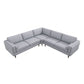 The Amber MCM Corner Sectional Sofa 103 by Ashcroft Furniture in light gray features three seat cushions per side, square arms, bolster pillows, and wooden legs—showcasing premium craftsmanship against a white background.