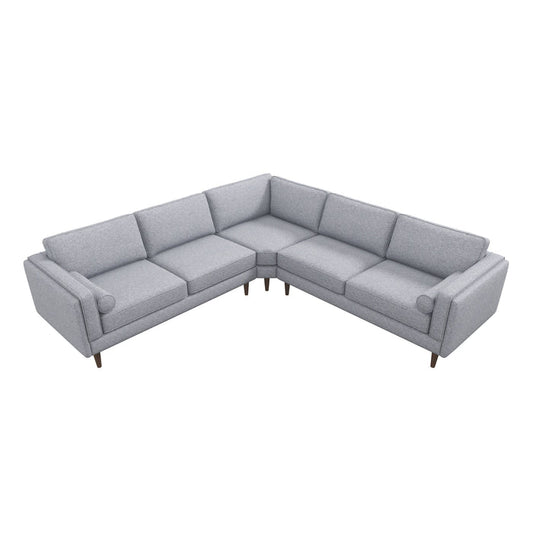 The Amber MCM Corner Sectional Sofa 103 by Ashcroft Furniture in light gray features three seat cushions per side, square arms, bolster pillows, and wooden legsâshowcasing premium craftsmanship against a white background.
