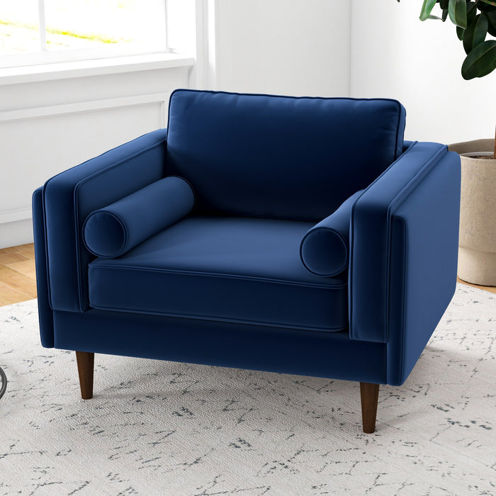 Amber MCM Velvet Accent Lounge Chair – Mid-Century Modern Upholstered Armchair (7 Colors, Plush Cushioning) in navy blue.