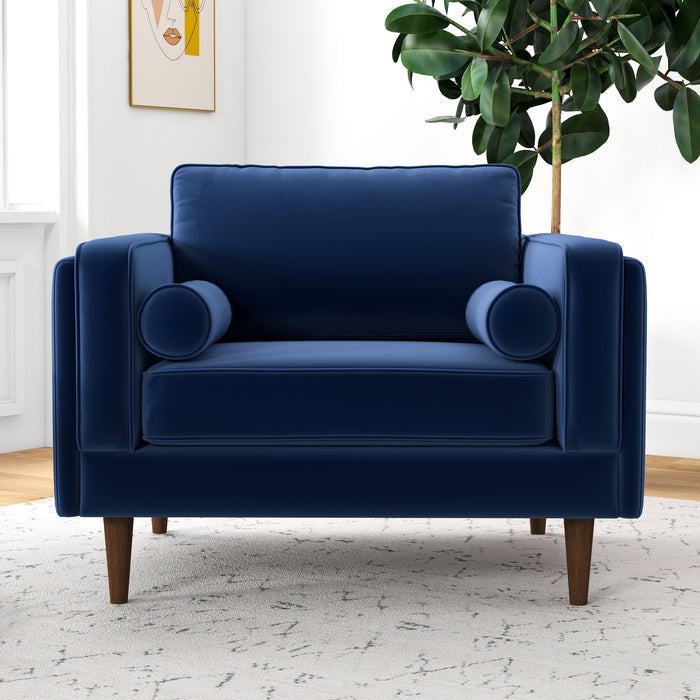 Amber MCM Velvet Accent Lounge Chair – Mid-Century Modern Upholstered Armchair (7 Colors, Plush Cushioning) in navy blue.
