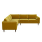 The Amber MCM Corner Sectional Sofa by Ashcroft Furniture in mustard yellow features clean lines, three back cushions, a bolster pillow, and dark wooden legs. Shown here in a modern L-shape against a white background.