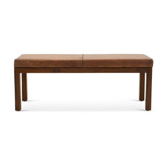 The Austin MCM Genuine Leather Bench 51 by Ashcroft Furniture features genuine leather upholstery, a smooth seat, and four straight legs, highlighting Mid-Century Modern design against a plain white background.