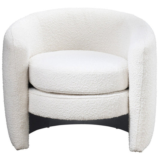 Avalon Boucle Barrel Armchair – Modern White Accent Chair (Curved Lounge Chair, Solid Wood Base) in soft bouclé fabric.