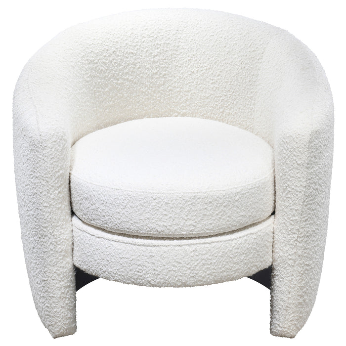 Avalon Boucle Barrel Armchair – Modern White Accent Chair (Curved Lounge Chair, Solid Wood Base) in soft bouclé fabric.
