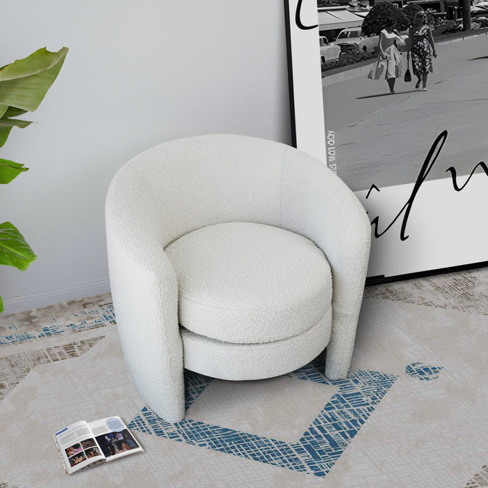 Avalon Boucle Barrel Armchair – Modern White Accent Chair (Curved Lounge Chair, Solid Wood Base) in a cozy setting.