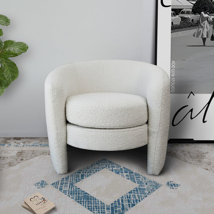 Avalon Boucle Barrel Armchair – Modern White Accent Chair (Curved Lounge Chair, Solid Wood Base) in a stylish living space.