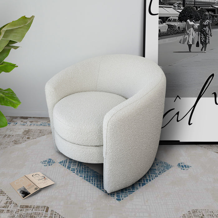 Avalon Boucle Barrel Armchair – Modern White Accent Chair (Curved Lounge Chair, Solid Wood Base) in a modern living space.