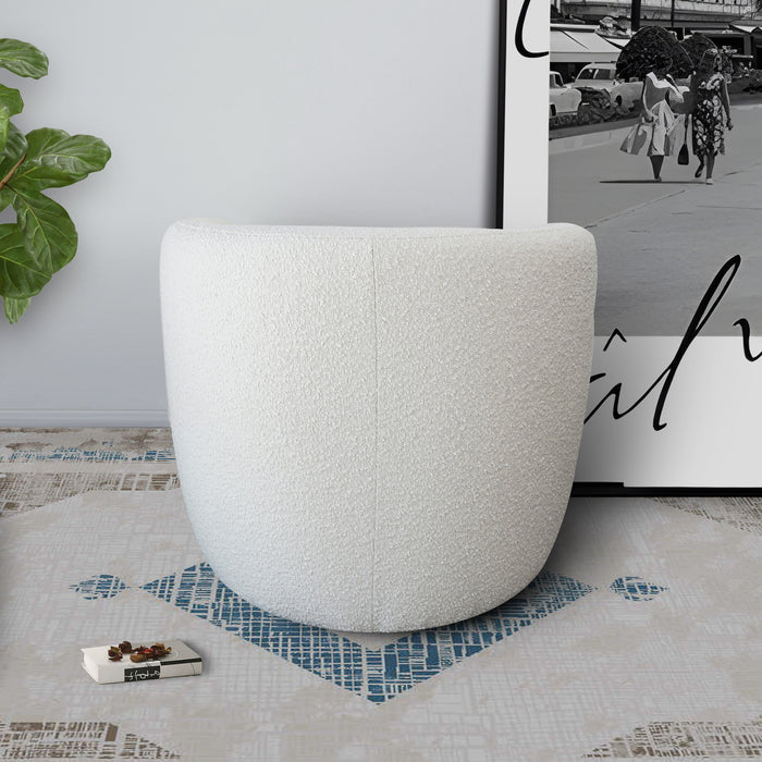 Avalon Boucle Barrel Armchair – Modern White Accent Chair (Curved Lounge Chair, Solid Wood Base) in a stylish living space.