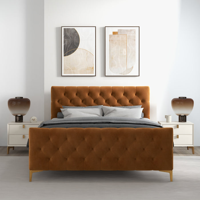 Bailey Velvet Tufted Platform Bed Frame – Mid-Century Upholstered Bed (3 Colors, No Box Spring) in a stylish bedroom setting.