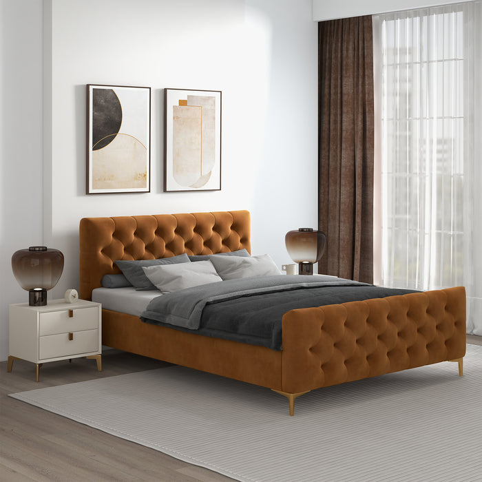Bailey Velvet Tufted Platform Bed Frame – Mid-Century Upholstered Bed (3 Colors, No Box Spring) in a cozy bedroom setting.