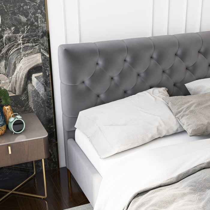 Bailey Velvet Tufted Platform Bed Frame – Mid-Century Upholstered Bed (3 Colors, No Box Spring) with button tufted headboard.