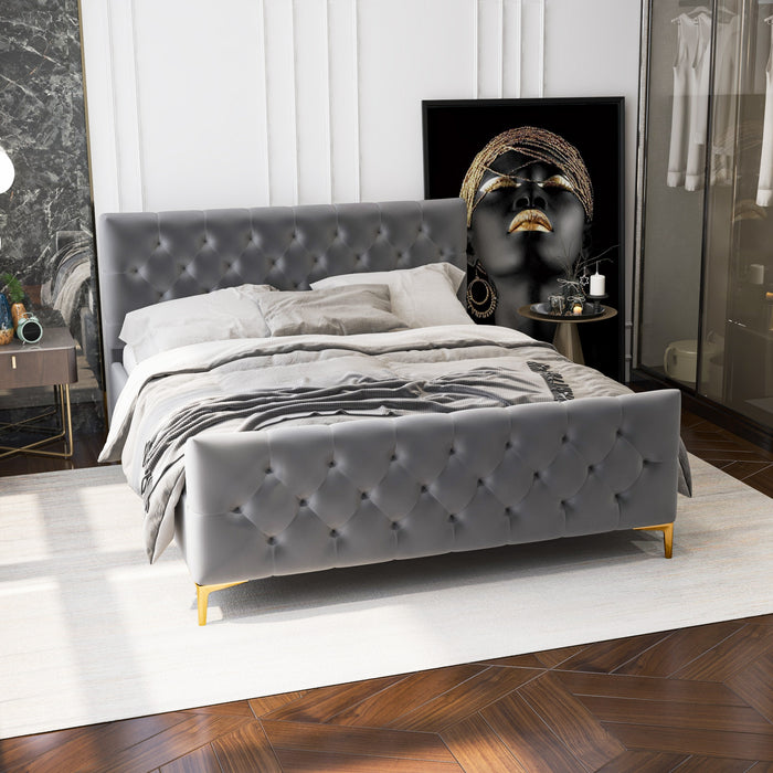 Bailey Velvet Tufted Platform Bed Frame – Mid-Century Upholstered Bed (3 Colors, No Box Spring) in gray with elegant tufting.