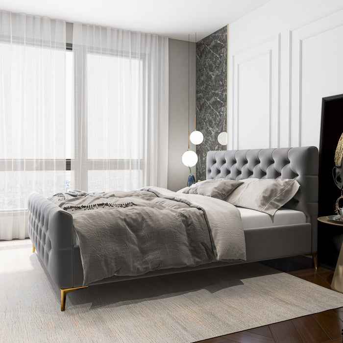 Bailey Velvet Tufted Platform Bed Frame – Mid-Century Upholstered Bed (3 Colors, No Box Spring) in a modern bedroom setting.