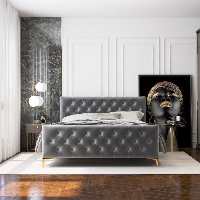 Bailey Velvet Tufted Platform Bed Frame – Mid-Century Upholstered Bed (3 Colors, No Box Spring) in a modern bedroom setting.