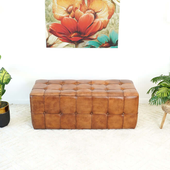 Benjiro 47" Genuine Leather Button Tufted Rectangular Ottoman with Solid Wood Frame