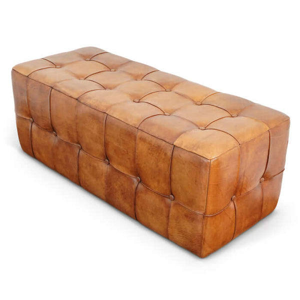 Benjiro Button Tufted Rectangular Leather Ottoman 47 featuring luxurious brown genuine leather and solid wood frame in mid-century modern design